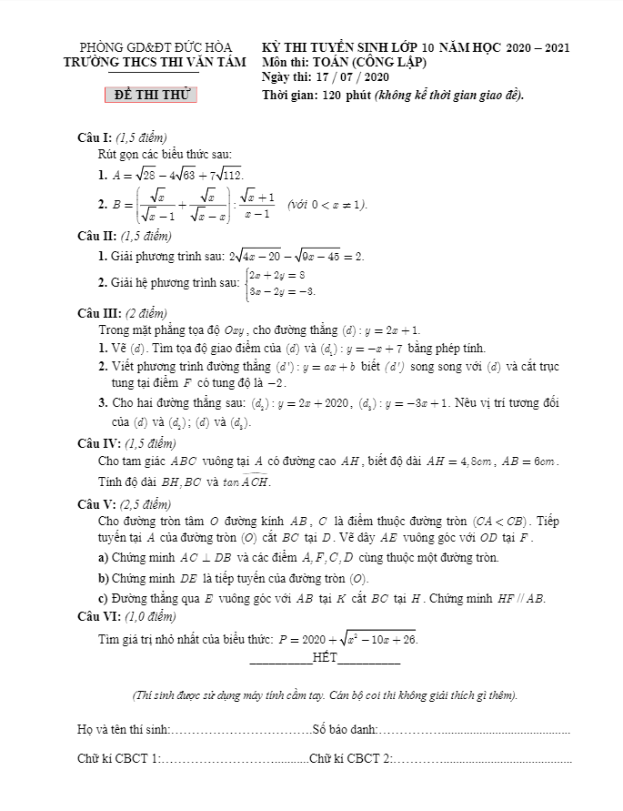 Đề thi thử vào 10 năm 2020 – 2021 môn Toán trường THCS Thi Văn Tám – Long An