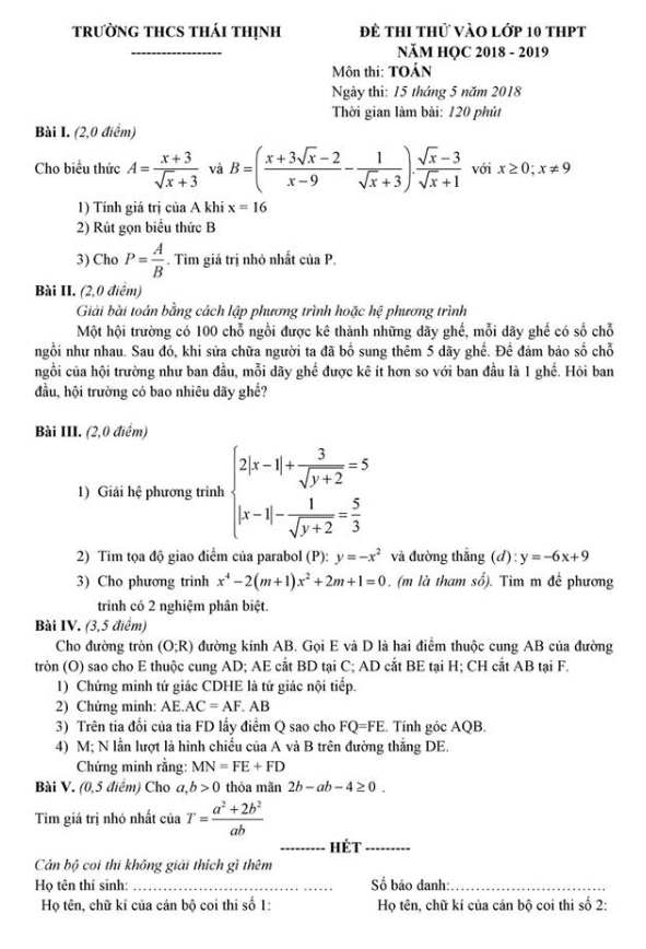 Đề thi thử vào lớp 10 môn Toán 2018 trường THCS Thái Thịnh – Hà Nội