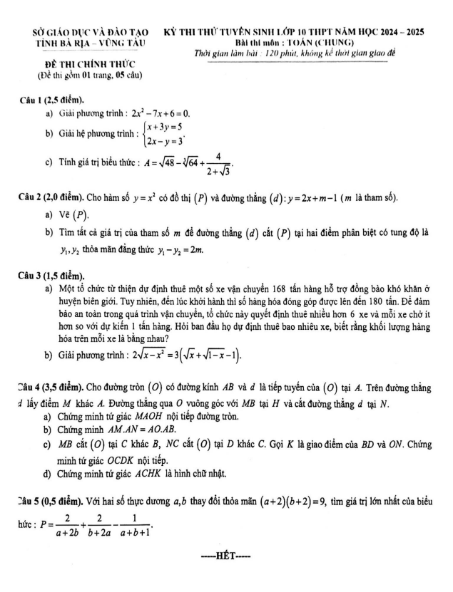 Đề thi thử vào lớp 10 môn Toán (chung) năm 2024 – 2025 sở GD&ĐT Bà Rịa – Vũng Tàu