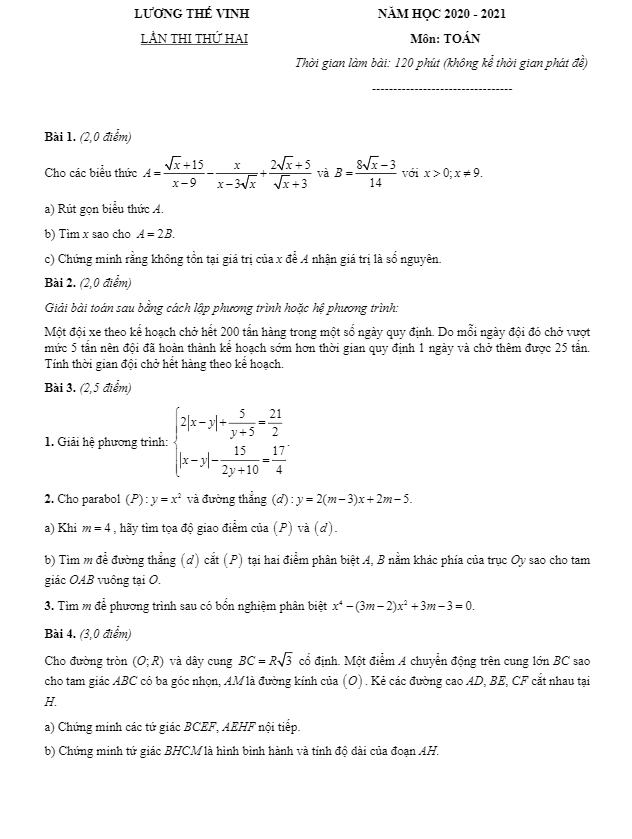 Đề thi thử vào lớp 10 môn Toán lần 2 năm 2020 – 2021 trường Lương Thế Vinh – Hà Nội