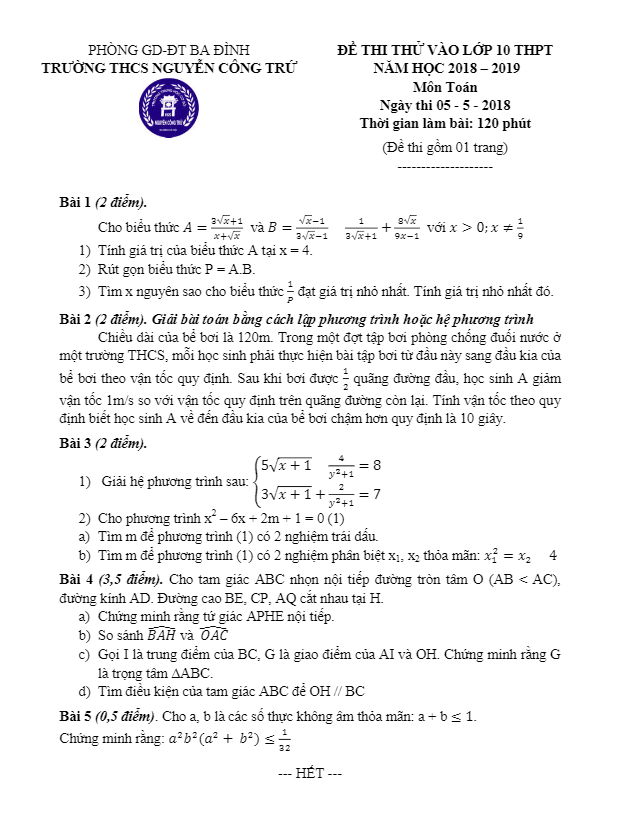 Đề thi thử vào lớp 10 môn Toán năm 2018 – 2019 trường Nguyễn Công Trứ – Hà Nội