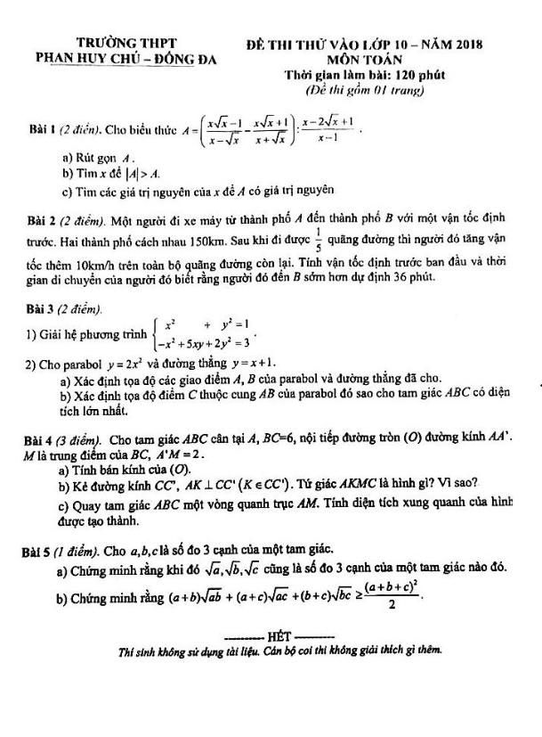 Đề thi thử vào lớp 10 môn Toán năm 2018 trường Phan Huy Chú – Hà Nội