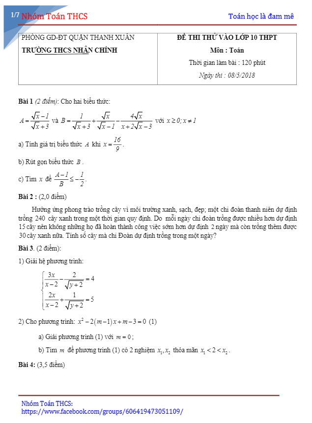 Đề thi thử vào lớp 10 môn Toán năm 2018 trường THCS Nhân Chính – Hà Nội