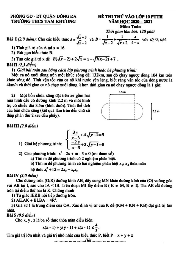 Đề thi thử vào lớp 10 môn Toán năm 2020 – 2021 trường THCS Tam Khương – Hà Nội