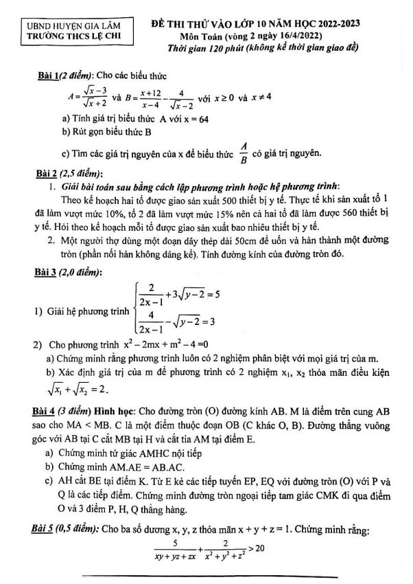 Đề thi thử vào lớp 10 môn Toán năm 2022 – 2023 trường THCS Lệ Chi – Hà Nội