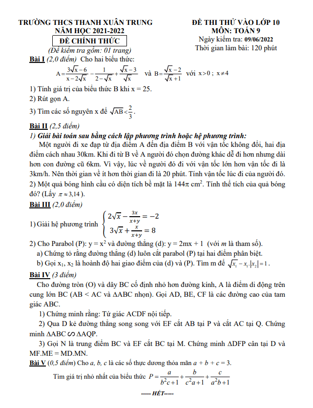 Đề thi thử vào lớp 10 môn Toán năm 2022 trường THCS Thanh Xuân Trung – Hà Nội