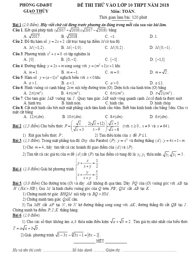 Đề thi thử vào lớp 10 môn Toán THPT năm 2018 phòng GD và ĐT Giao Thủy – Nam Định
