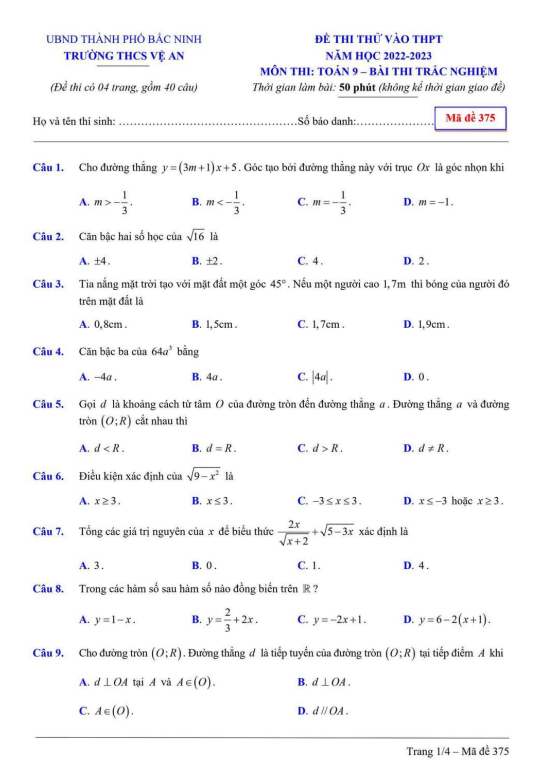 Đề thi thử vào THPT môn Toán năm 2022 – 2023 trường THCS Vệ An – Bắc Ninh