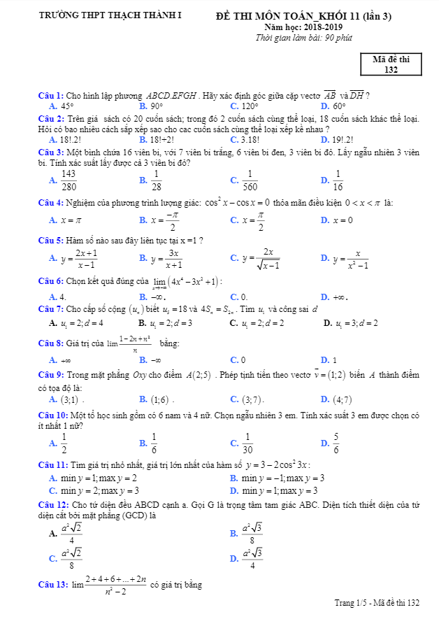 Đề thi Toán 11 lần 3 năm 2018 – 2019 trường Thạch Thành 1 – Thanh Hóa