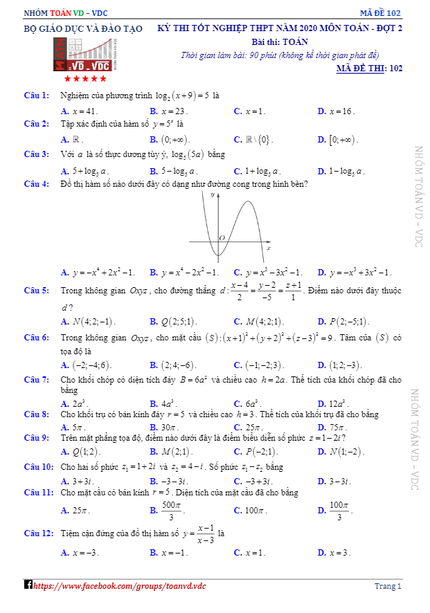 Đề thi tốt nghiệp Trung học Phổ thông môn Toán năm 2020 (đợt 2)