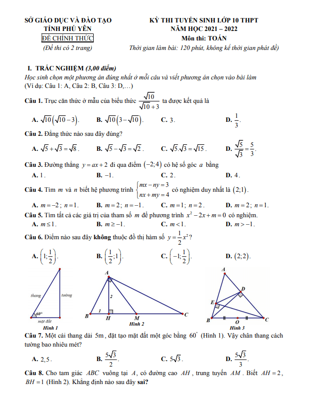 Đề thi tuyển sinh lớp 10 môn Toán năm 2021 – 2022 sở GD&ĐT Phú Yên