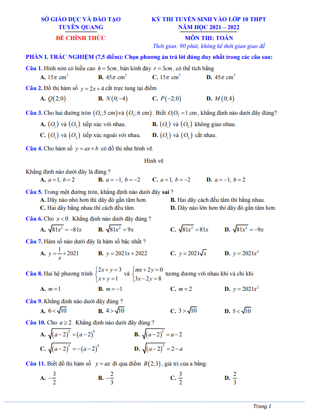 Đề thi tuyển sinh lớp 10 môn Toán năm 2021 – 2022 sở GD&ĐT Tuyên Quang