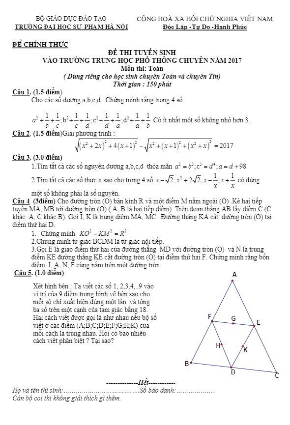 Đề thi tuyển sinh lớp 10 năm học 2017 – 2018 môn Toán trường THPT Chuyên ĐH Sư phạm Hà Nội (Vòng 2)