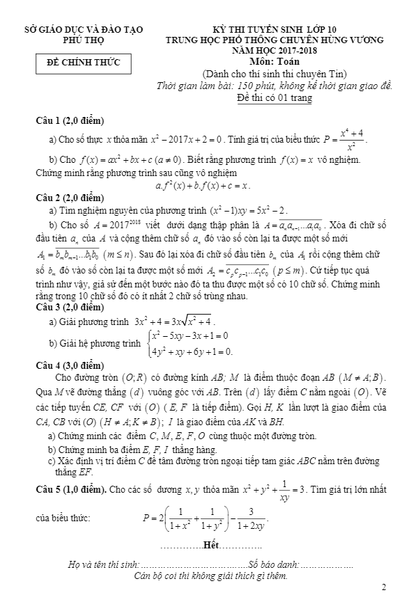 Đề thi tuyển sinh lớp 10 năm học 2017 – 2018 môn Toán trường THPT chuyên Hùng Vương – Phú Thọ (Chuyên Tin)