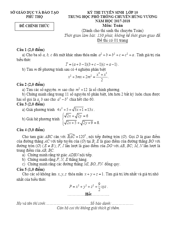Đề thi tuyển sinh lớp 10 năm học 2017 – 2018 môn Toán trường THPT chuyên Hùng Vương – Phú Thọ (Chuyên Toán)