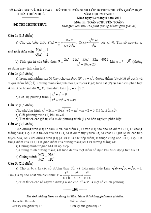 Đề thi tuyển sinh lớp 10 năm học 2017 – 2018 môn Toán trường THPT chuyên Quốc học – TT Huế (chuyên Toán)