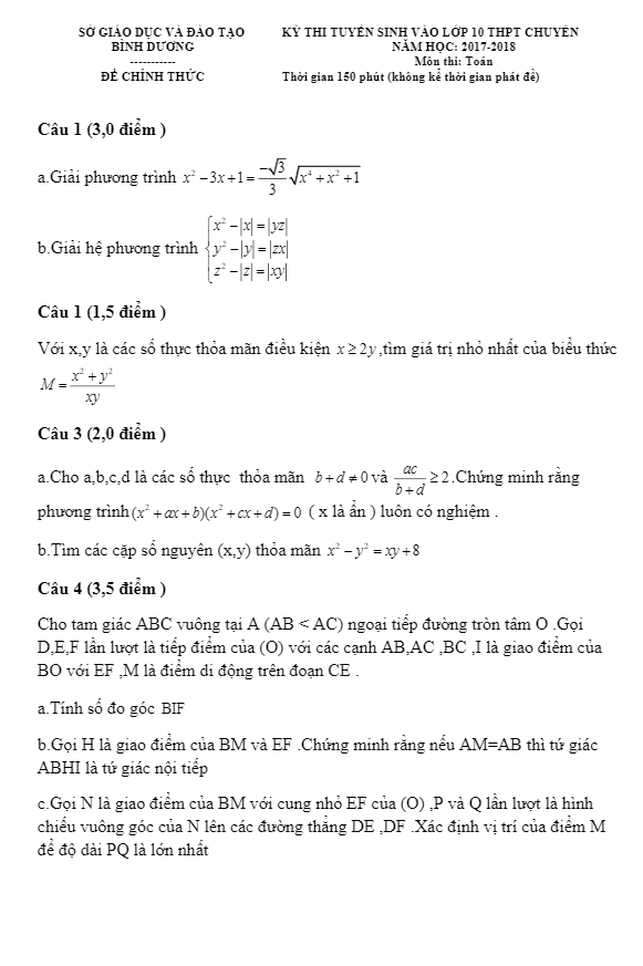 Đề thi tuyển sinh lớp 10 THPT chuyên năm học 2017 – 2018 môn Toán sở GD và ĐT Bình Dương