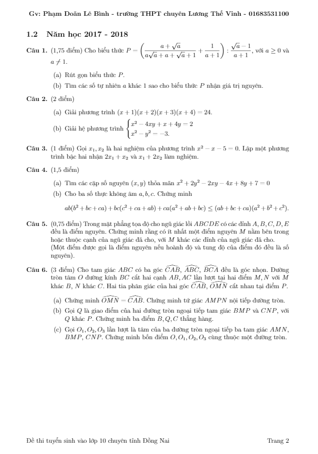 Đề thi tuyển sinh lớp 10 THPT chuyên năm học 2017 – 2018 môn Toán sở GD và ĐT Đồng Nai