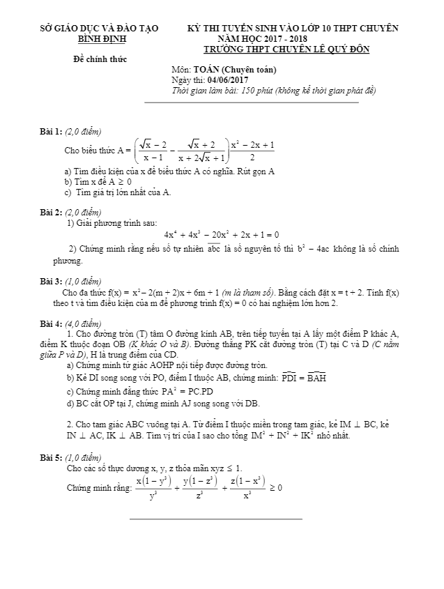 Đề thi tuyển sinh lớp 10 THPT chuyên năm học 2017 – 2018 môn Toán trường chuyên Lê Quý Đôn – Bình Định (Chuyên Toán)