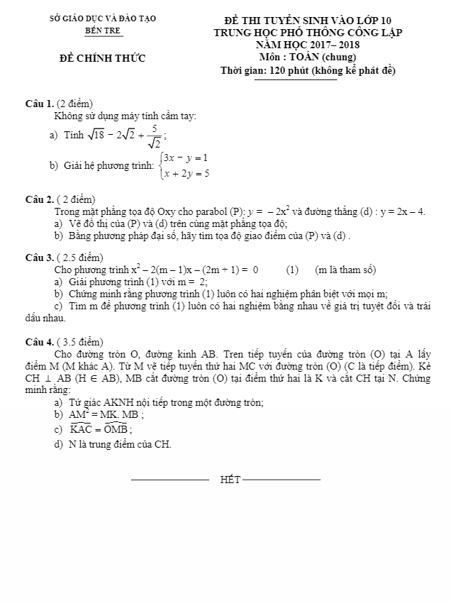 Đề thi tuyển sinh lớp 10 THPT công lập năm học 2017 – 2018 môn Toán sở GD và ĐT Bến Tre