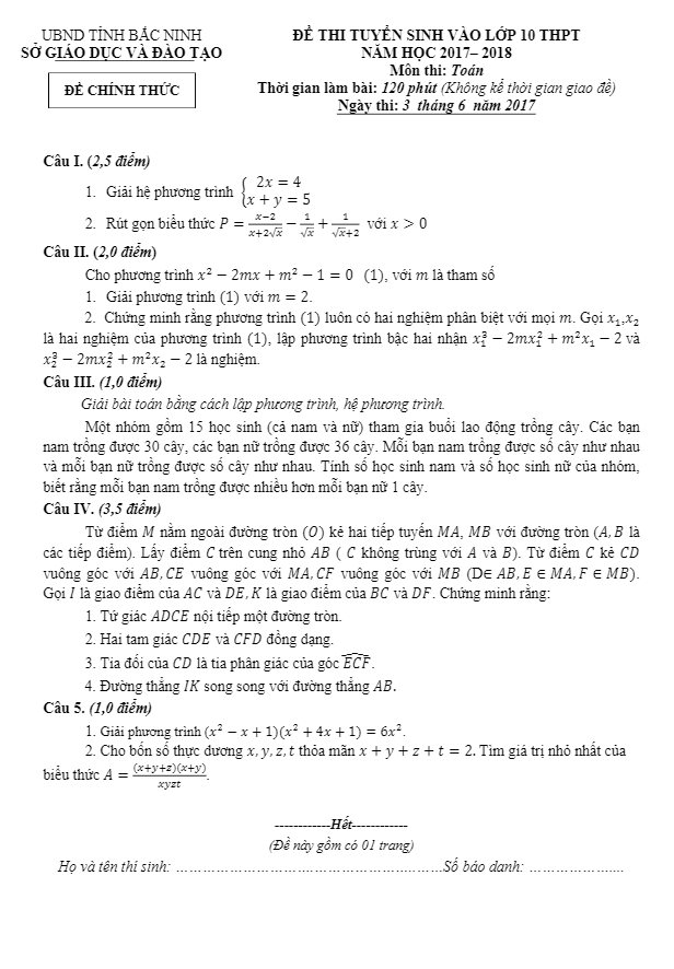 Đề thi tuyển sinh lớp 10 THPT năm học 2017 – 2018 môn Toán sở GD và ĐT Bắc Ninh