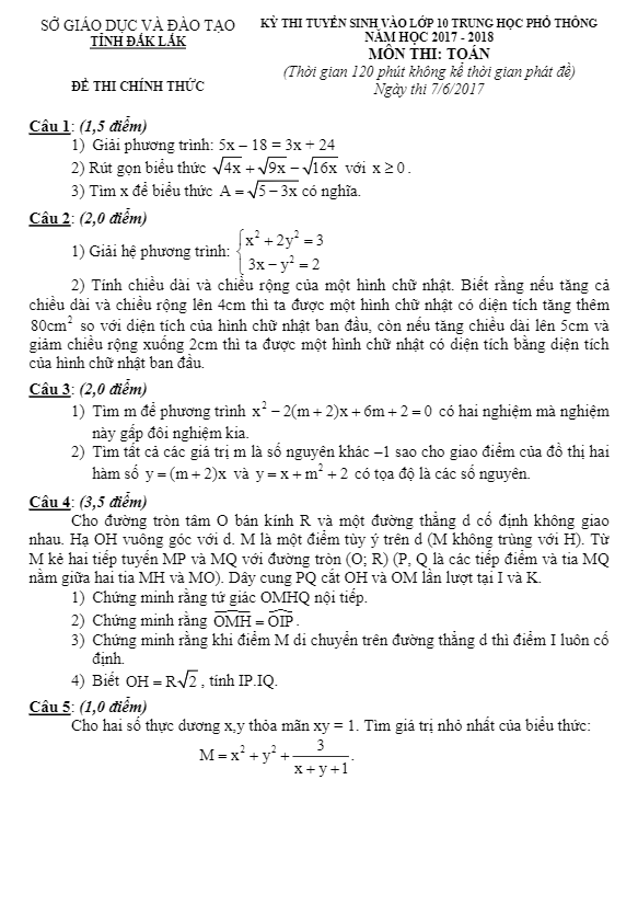 Đề thi tuyển sinh lớp 10 THPT năm học 2017 – 2018 môn Toán sở GD và ĐT Đăk Lăk