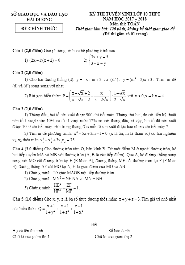 Đề thi tuyển sinh lớp 10 THPT năm học 2017 – 2018 môn Toán sở GD và ĐT Hải Dương