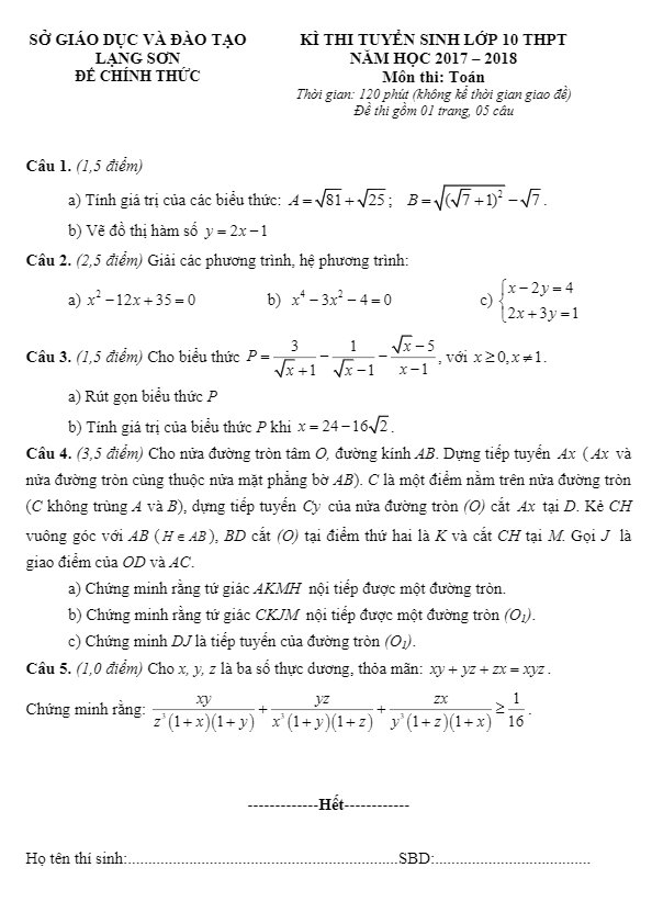Đề thi tuyển sinh lớp 10 THPT năm học 2017 – 2018 môn Toán sở GD và ĐT Lạng Sơn
