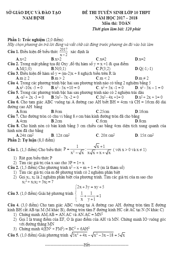 Đề thi tuyển sinh lớp 10 THPT năm học 2017 – 2018 môn Toán sở GD và ĐT Nam Định