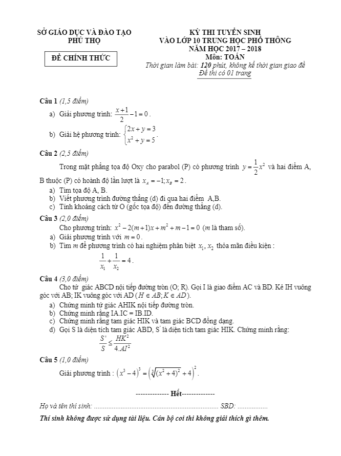 Đề thi tuyển sinh lớp 10 THPT năm học 2017 – 2018 môn Toán sở GD và ĐT Phú Thọ