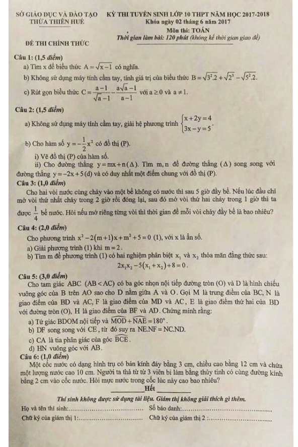 Đề thi tuyển sinh lớp 10 THPT năm học 2017 – 2018 môn Toán sở GD và ĐT Thừa Thiên Huế
