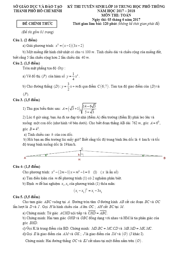 Đề thi tuyển sinh lớp 10 THPT năm học 2017 – 2018 môn Toán sở GD và ĐT TP. HCM
