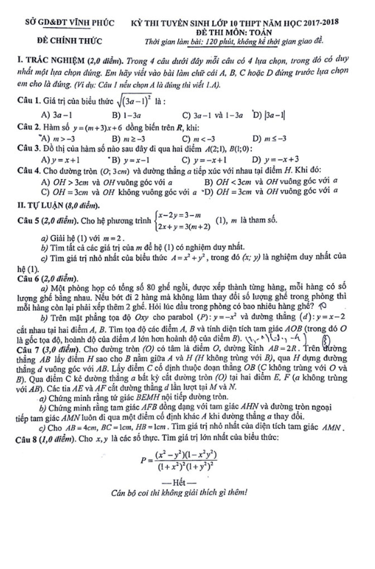 Đề thi tuyển sinh lớp 10 THPT năm học 2017 – 2018 môn Toán sở GD và ĐT Vĩnh Phúc