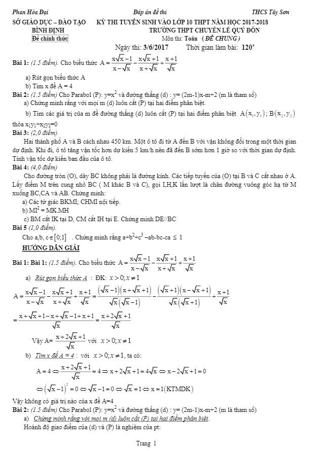 Đề thi tuyển sinh lớp 10 THPT năm học 2017 – 2018 môn Toán trường THPT chuyên Lê Quý Đôn – Bình Định