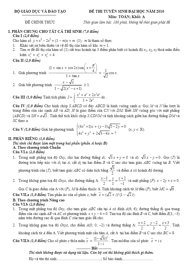 Đề thi và đáp án môn Toán khối A năm 2010