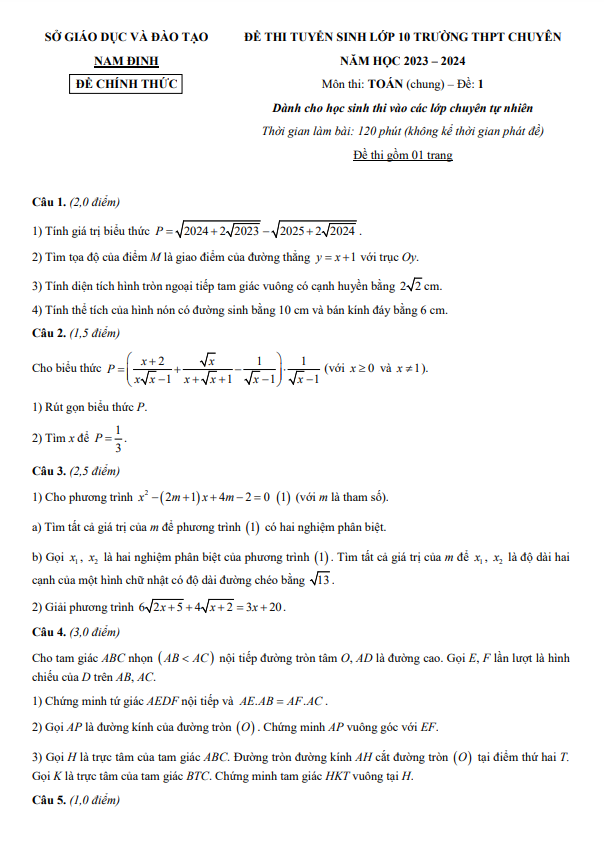 Đề thi vào 10 chuyên môn Toán (chung – TN) năm 2023 – 2024 sở GD&ĐT Nam Định