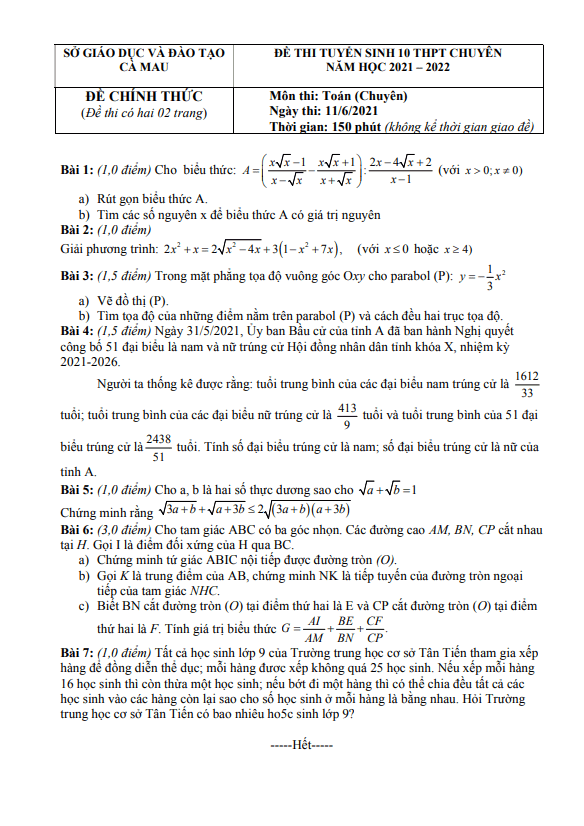Đề thi vào 10 chuyên môn Toán (chuyên) năm 2021 – 2022 sở GD&ĐT Cà Mau