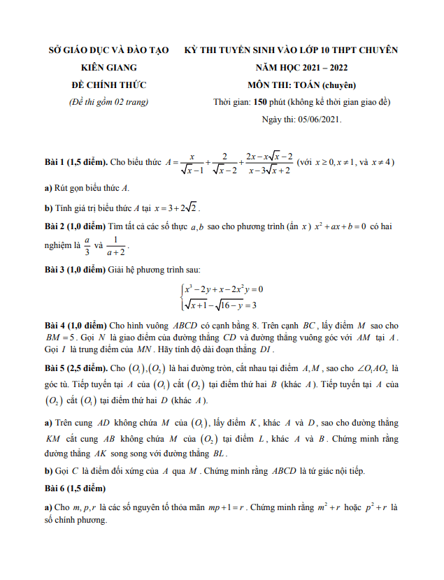 Đề thi vào 10 chuyên môn Toán (chuyên) năm 2021 – 2022 sở GD&ĐT Kiên Giang
