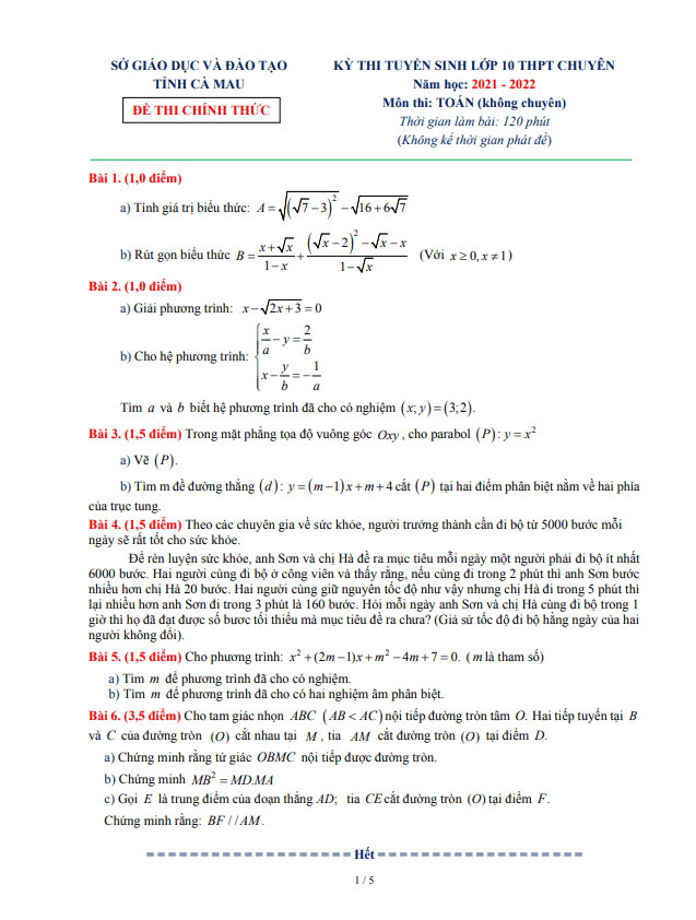 Đề thi vào 10 chuyên môn Toán (không chuyên) năm 2021 – 2022 sở GD&ĐT Cà Mau