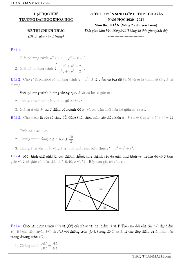 Đề thi vào 10 chuyên môn Toán năm 2020 – 2021 trường ĐHKH Huế (vòng 2)