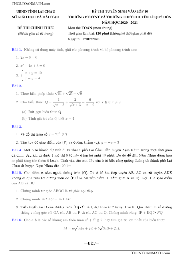 Đề thi vào 10 môn Toán (chung) năm 2020 – 2021 trường chuyên Lê Quý Đôn – Lai Châu