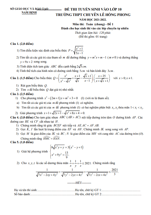 Đề thi vào 10 môn Toán (chung) năm 2021 – 2022 trường chuyên Lê Hồng Phong – Nam Định (Đề 1)
