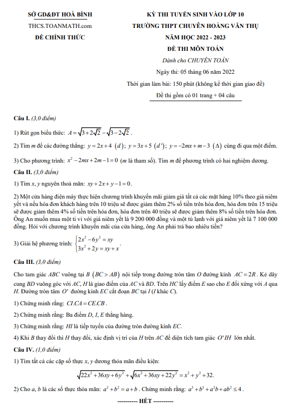 Đề thi vào 10 môn Toán (chuyên) 2022 – 2023 trường chuyên Hoàng Văn Thụ – Hoà Bình