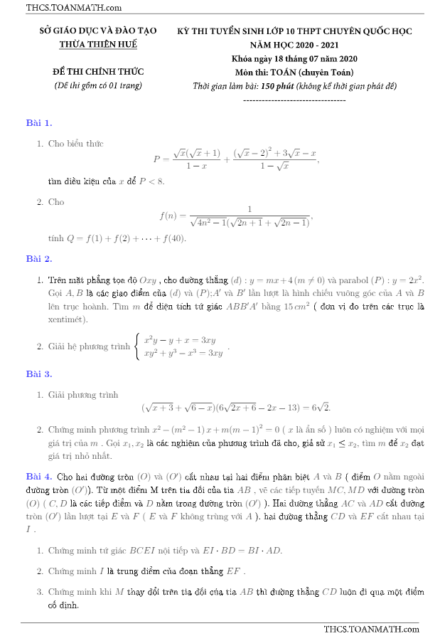 Đề thi vào 10 môn Toán (chuyên) năm 2020 – 2021 trường chuyên Quốc học Huế