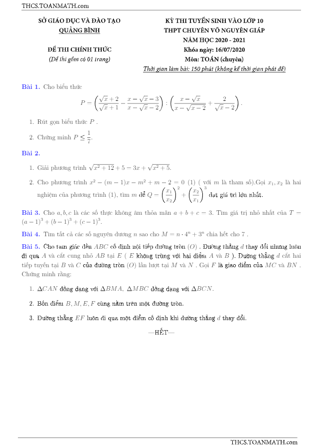 Đề thi vào 10 môn Toán (chuyên) năm 2020 – 2021 trường chuyên Võ Nguyên Giáp – Quảng Bình