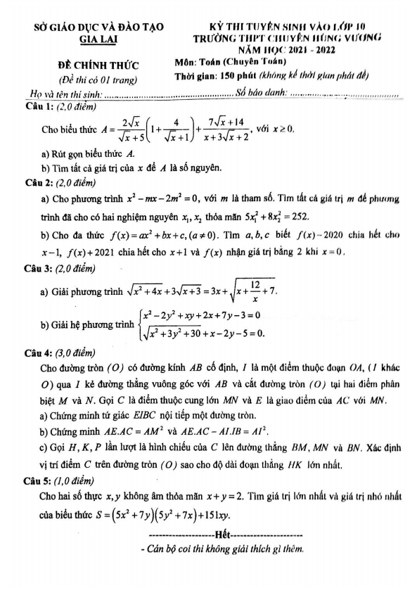 Đề thi vào 10 môn Toán (chuyên) năm 2021 – 2022 trường chuyên Hùng Vương – Gia Lai