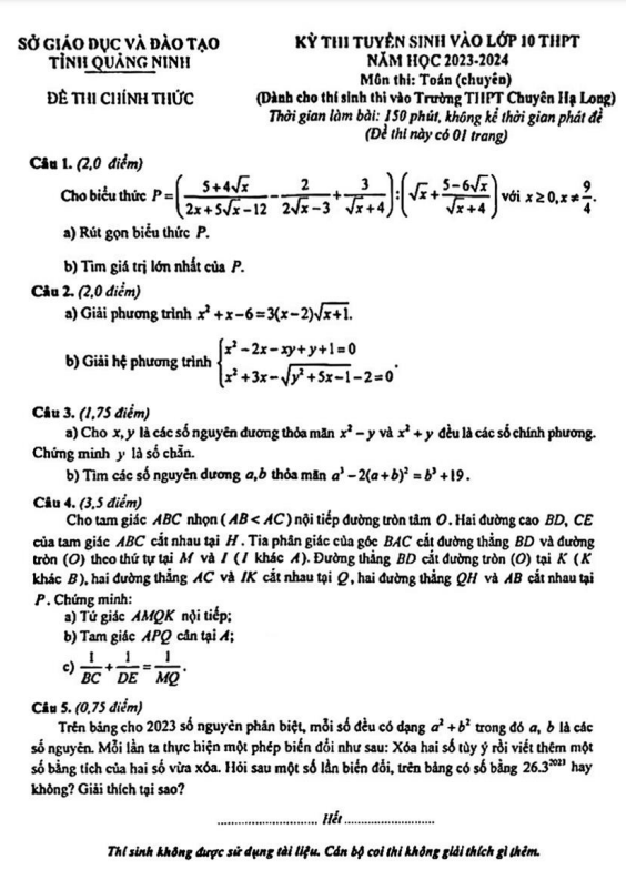 Đề thi vào 10 môn Toán (chuyên) năm 2023 – 2024 trường chuyên Hạ Long – Quảng Ninh