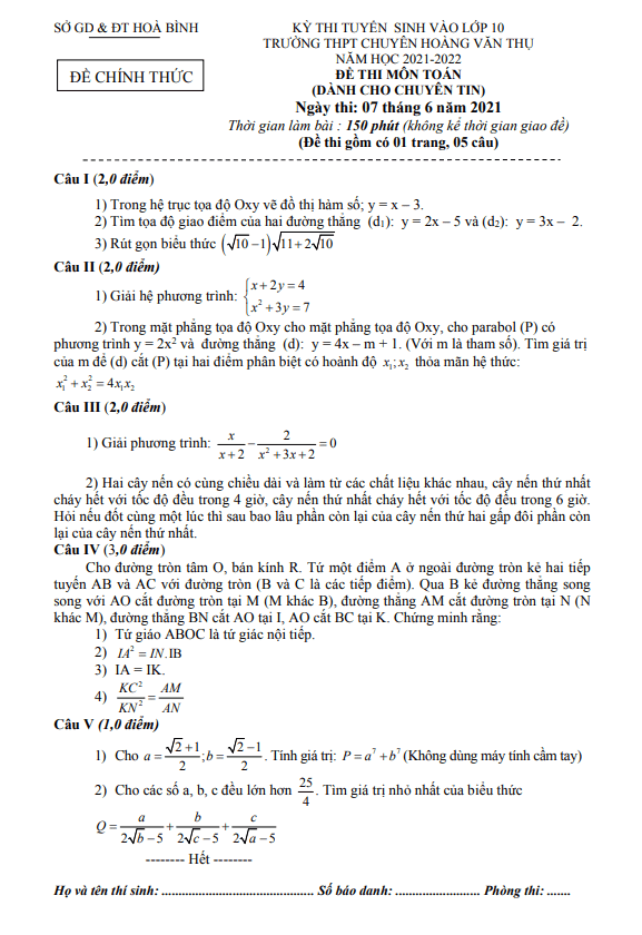 Đề thi vào 10 môn Toán (chuyên Tin) năm 2021 – 2022 trường chuyên Hoàng Văn Thụ – Hòa Bình