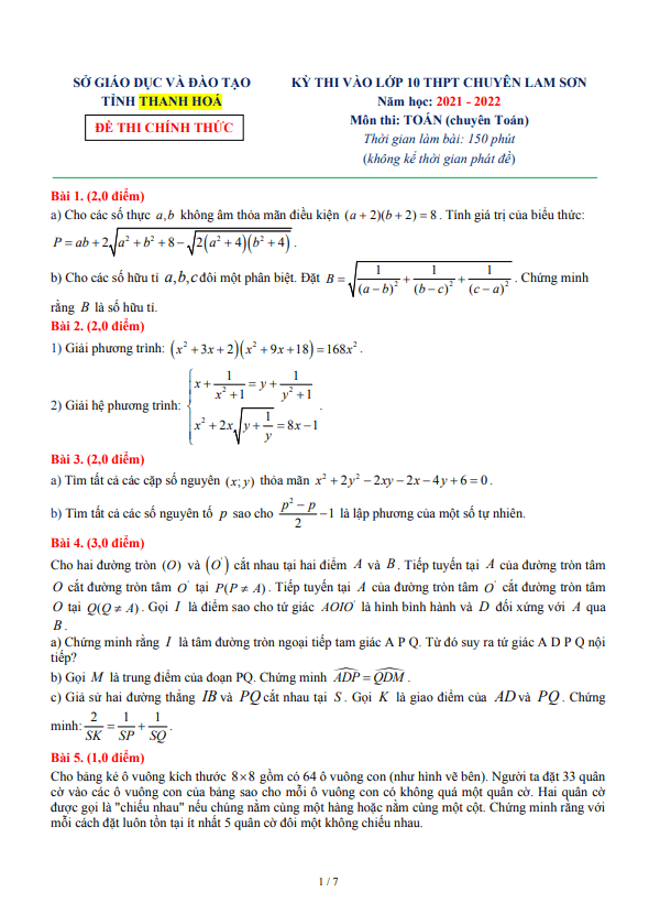 Đề thi vào 10 môn Toán (chuyên Toán) năm 2021 – 2022 trường chuyên Lam Sơn – Thanh Hóa
