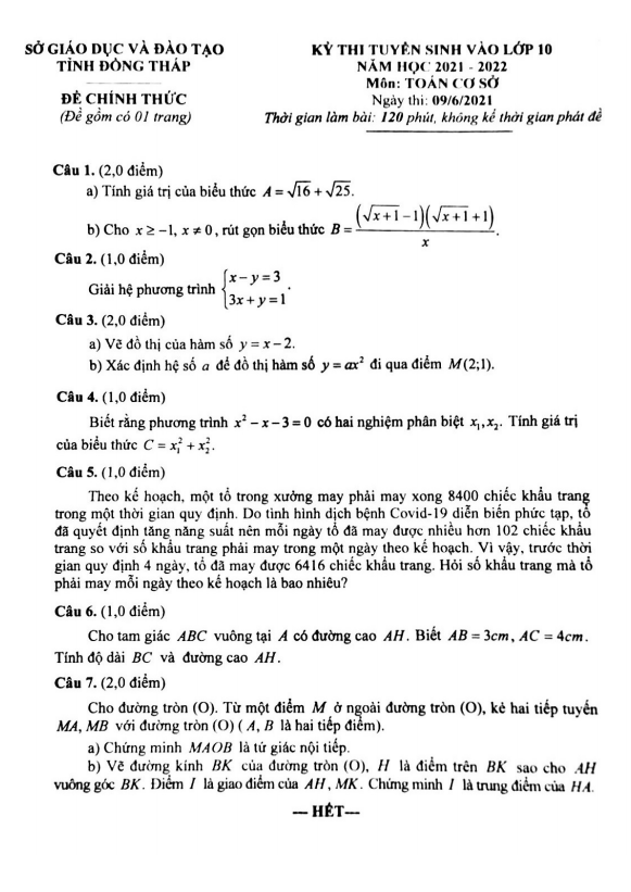 Đề thi vào 10 môn Toán cơ sở năm 2021 – 2022 sở GD&ĐT Đồng Tháp